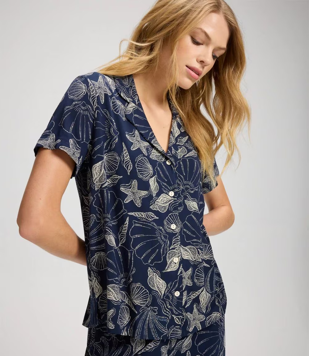 Soma Cool Nights Notch Collar Relaxed Pom Trim Shorts Pajamas Small Delight Navy